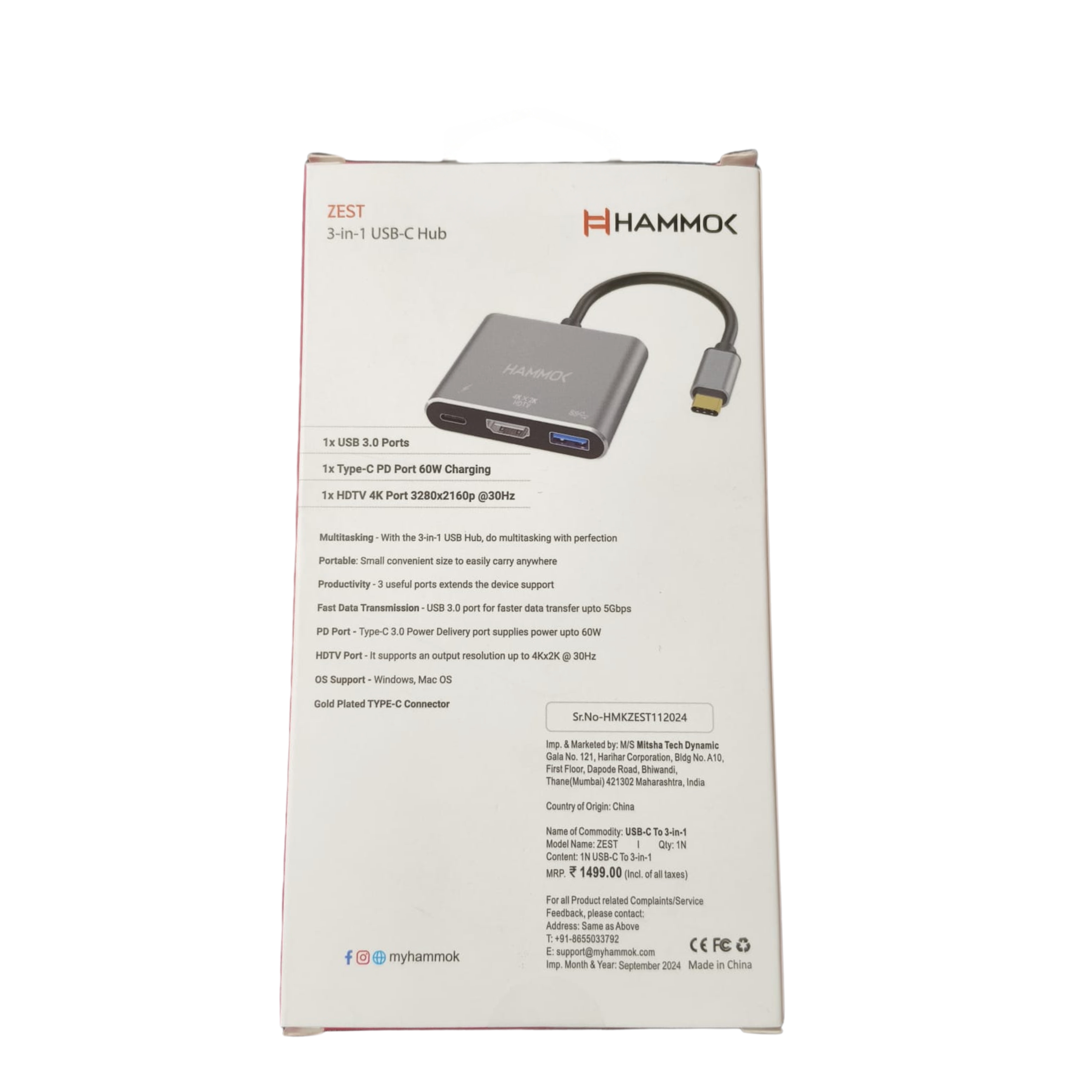 HAMMOK | ZEST | 3 IN 1 | USB-C HUB | HDMI 4K | USB 3.0 MULTIPORT ADAPTER | HIGH-SPEED DATA | GREY HAMMOK | ZEST | 3 IN 1 | USB-C HUB | HDMI 4K | USB 3.0 MULTIPORT ADAPTER | HIGH-SPEED DATA | GREY